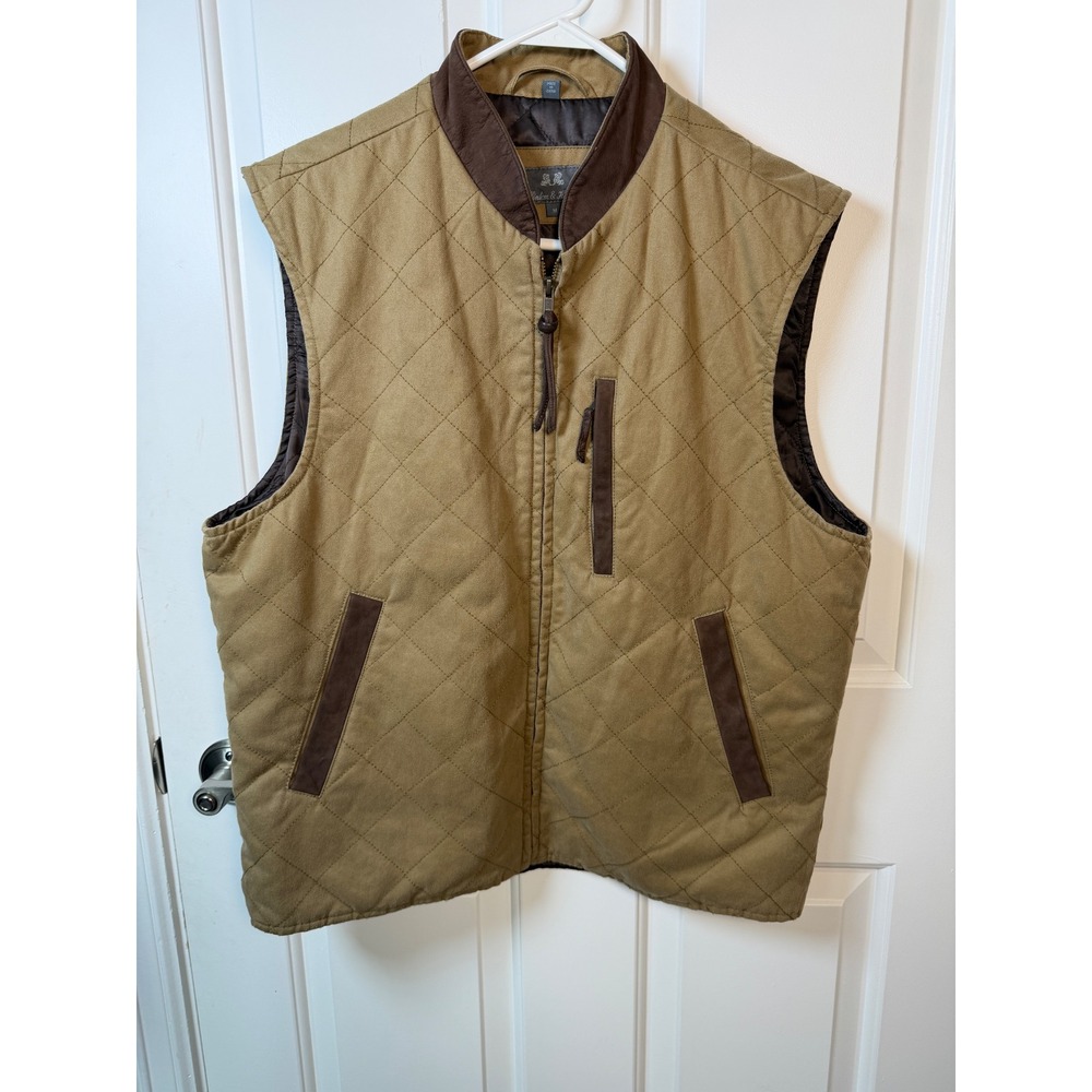 Hinton & Hinton Mens Quilted Vest Tan Brown Leather Trim Full Zip Size M